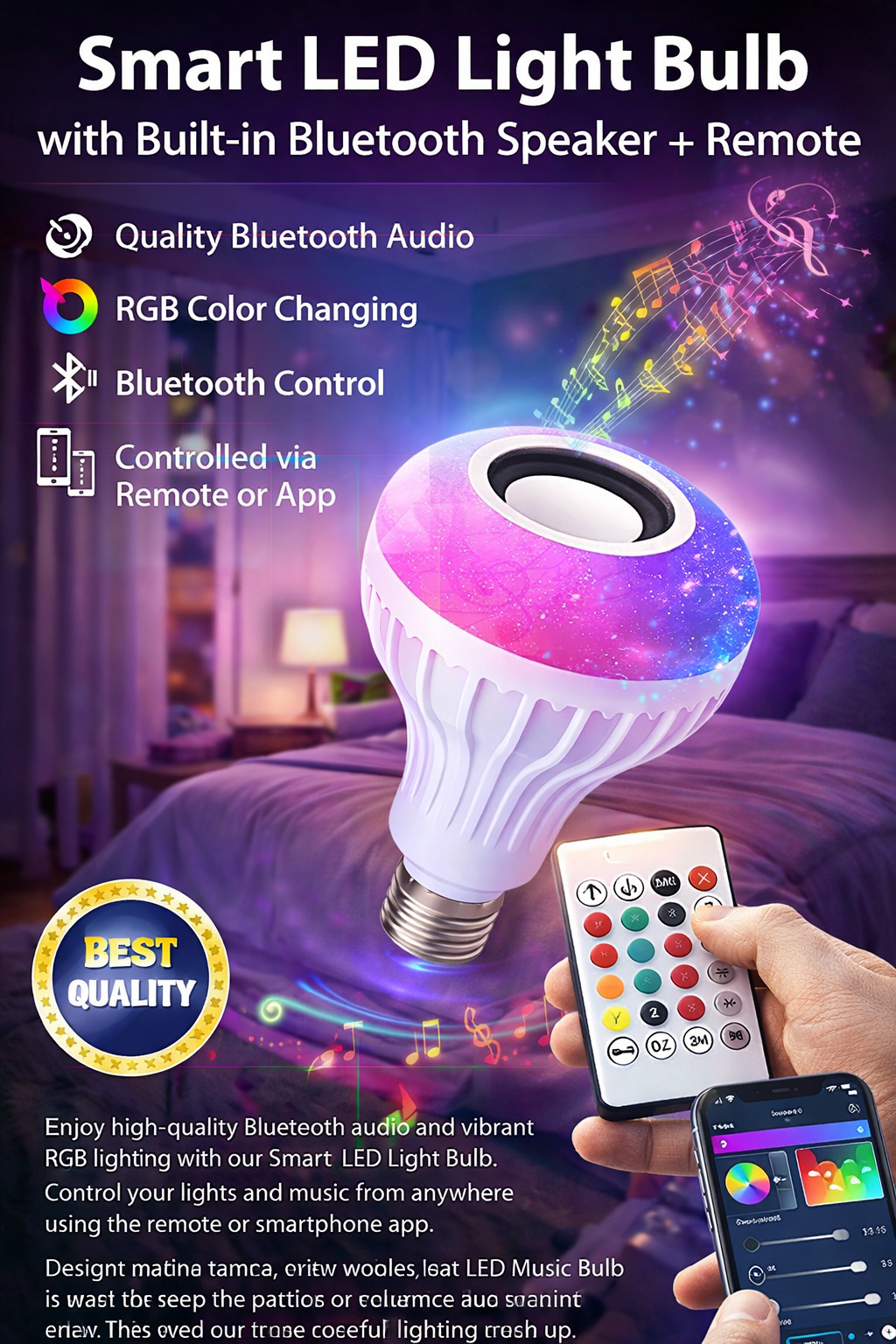 Smart LED Bluetooth Speaker Bulb RGB Light with Remote & App Control